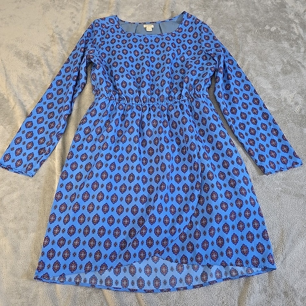 J. Crew Dress Womens 8 Blue Red Patterned Elastic Waist‎ A Line tulip Hem Casual